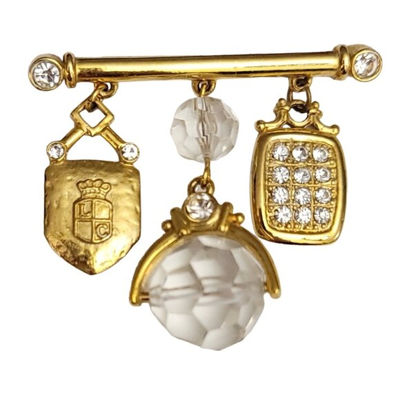 Liz Claiborne Gold Tone Shield, Gob, Rhinestone Dangle Bar Brooch Signed M509 - Picture 1 of 6